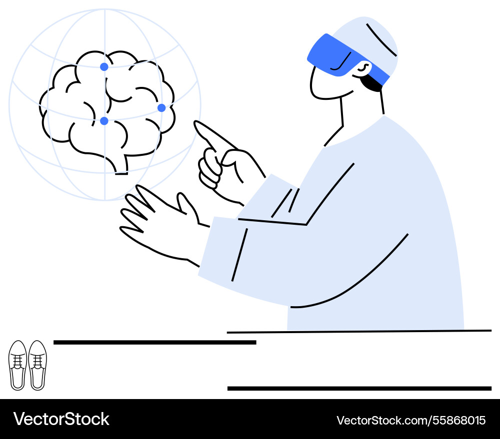 Person interacting with virtual brain using Person interacting with virtual brain using vector image