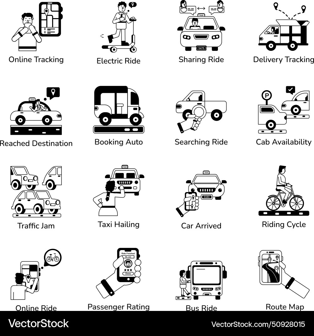 Ride sharing and transportation glyph icons Vector Image