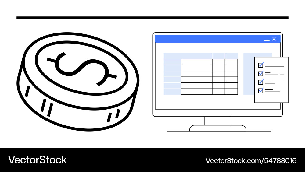 Coin alongside computer monitor displaying Coin alongside computer monitor displaying vector image
