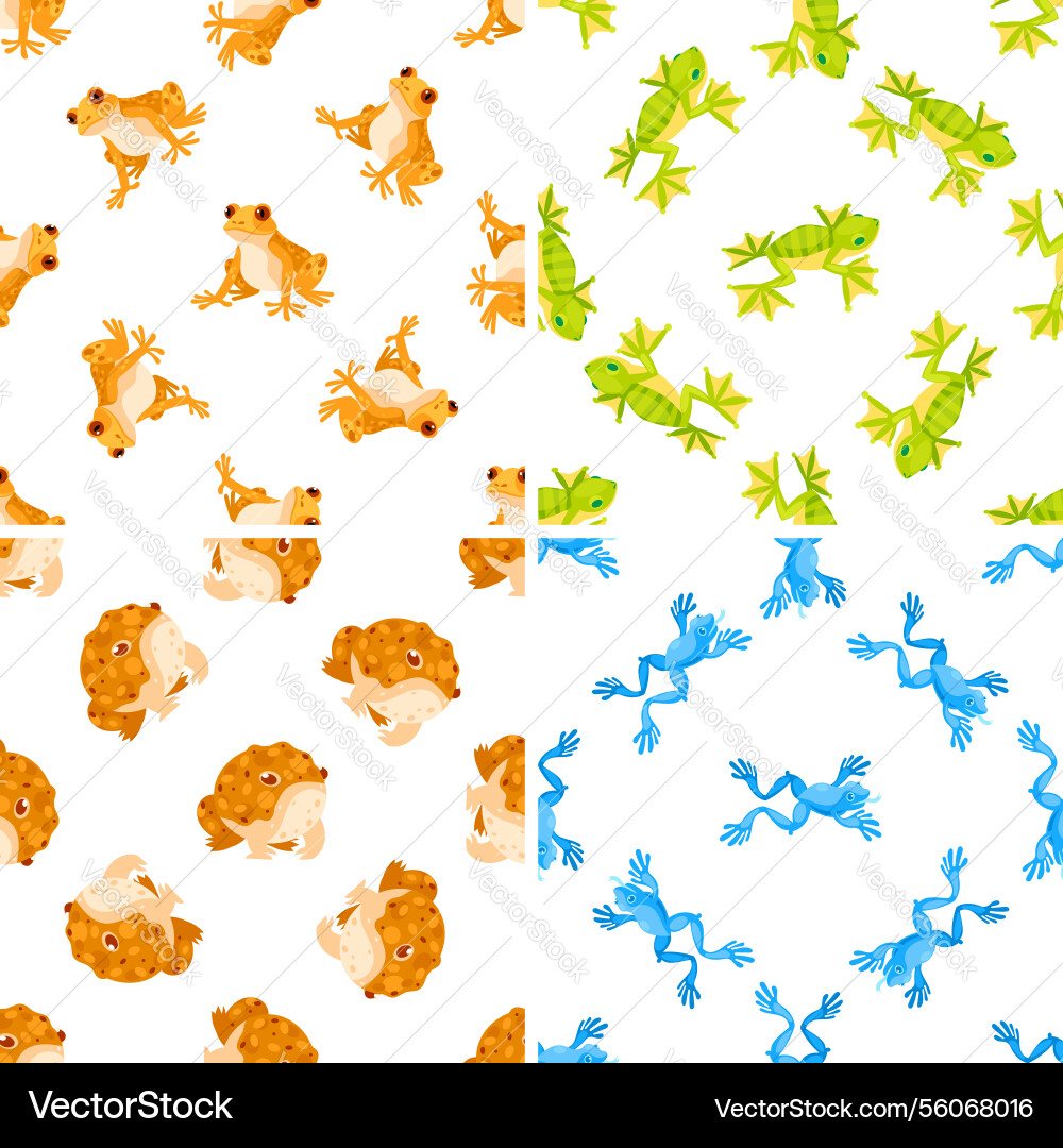 Four seamless patterns with colorful frogs jumping Four seamless patterns with colorful frogs jumping Vector Image