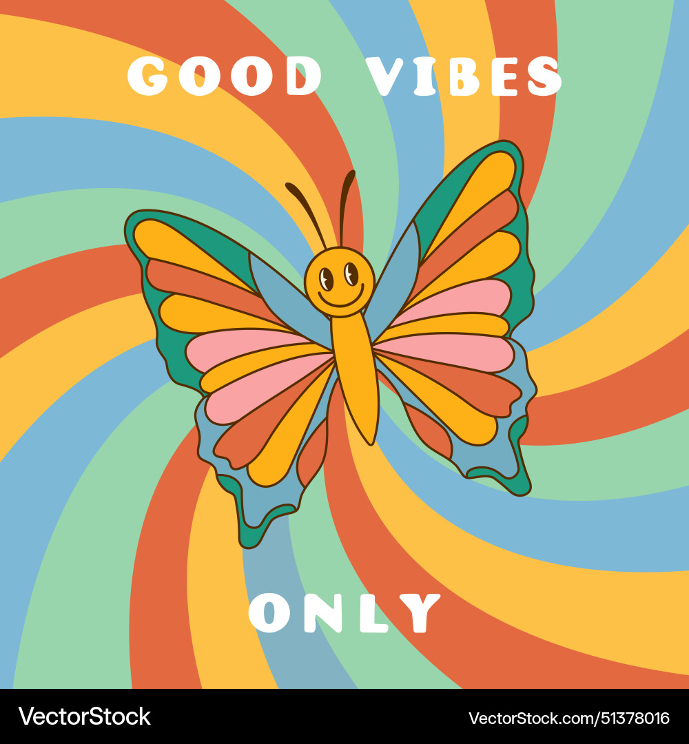 Groovy background with smiling colorful butterfly Groovy background with smiling colorful butterfly Vector Image