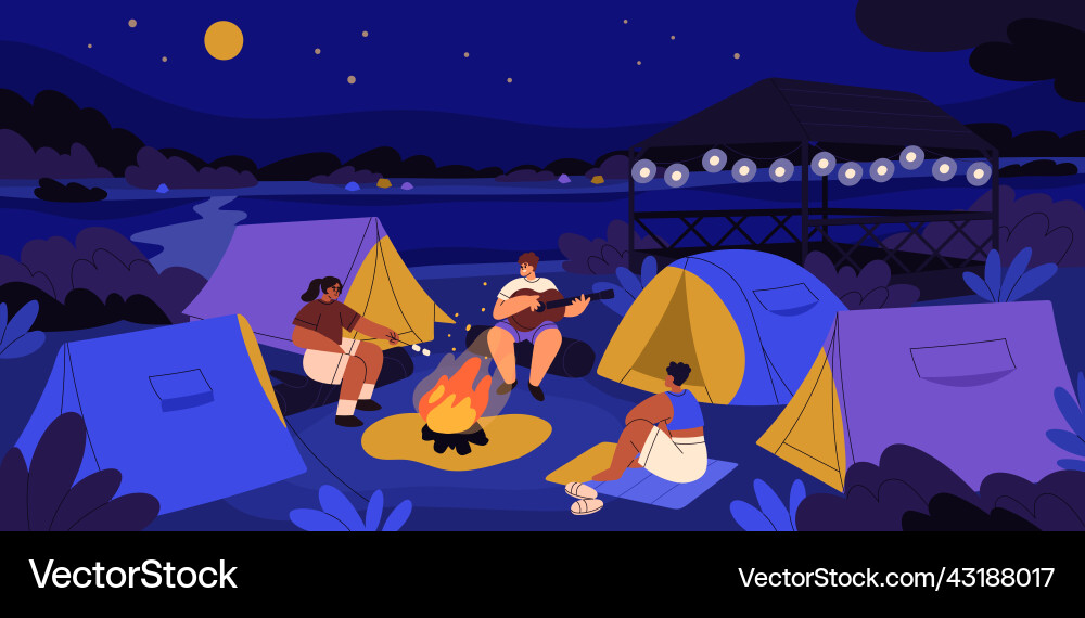 Night tent camp with people sitting around fire Night tent camp with people sitting around fire vector image