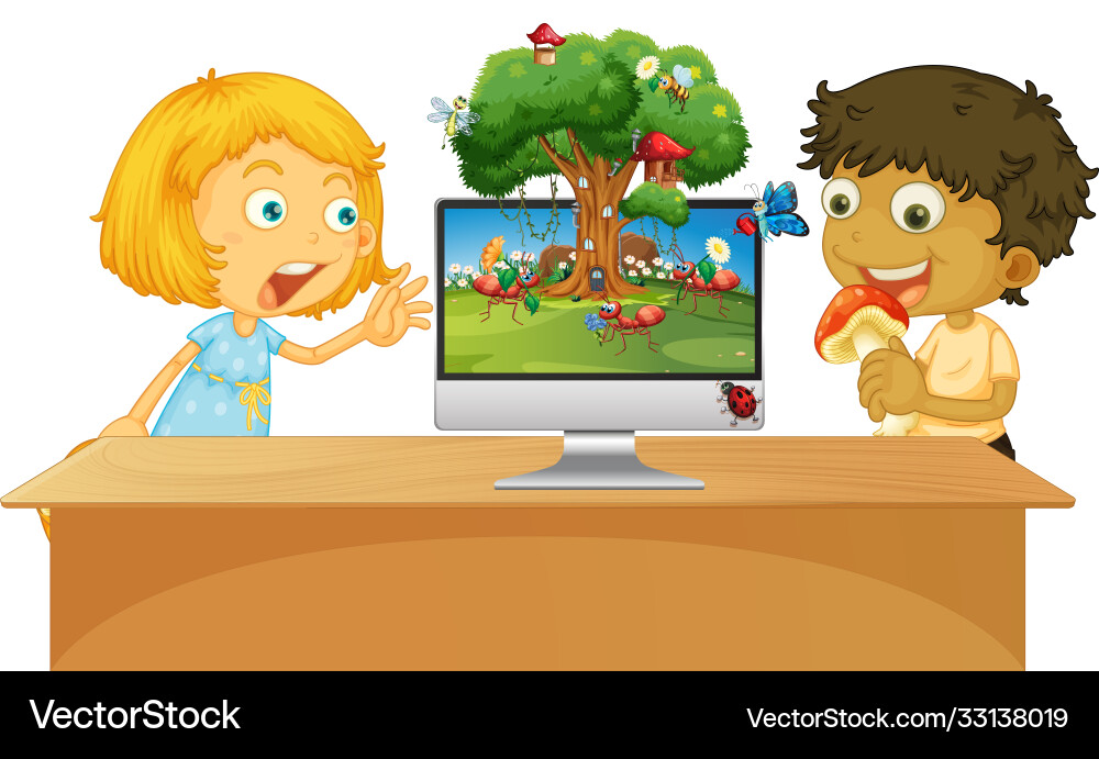 Boy and girl next to computer with insect scene Boy and girl next to computer with insect scene vector image