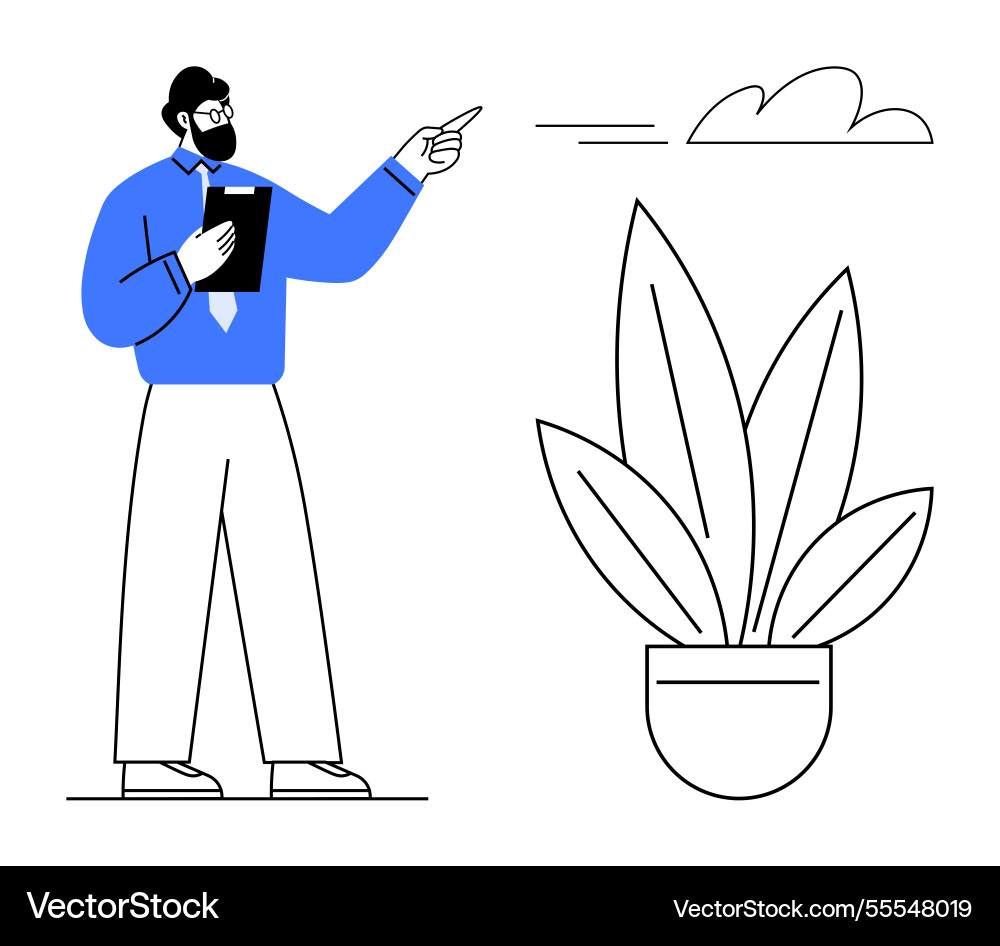 Man pointing at floating cloud with clipboard Man pointing at floating cloud with clipboard vector image