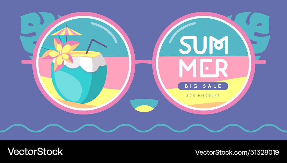 Retro flat summer big sale poster with sunglasses vector image