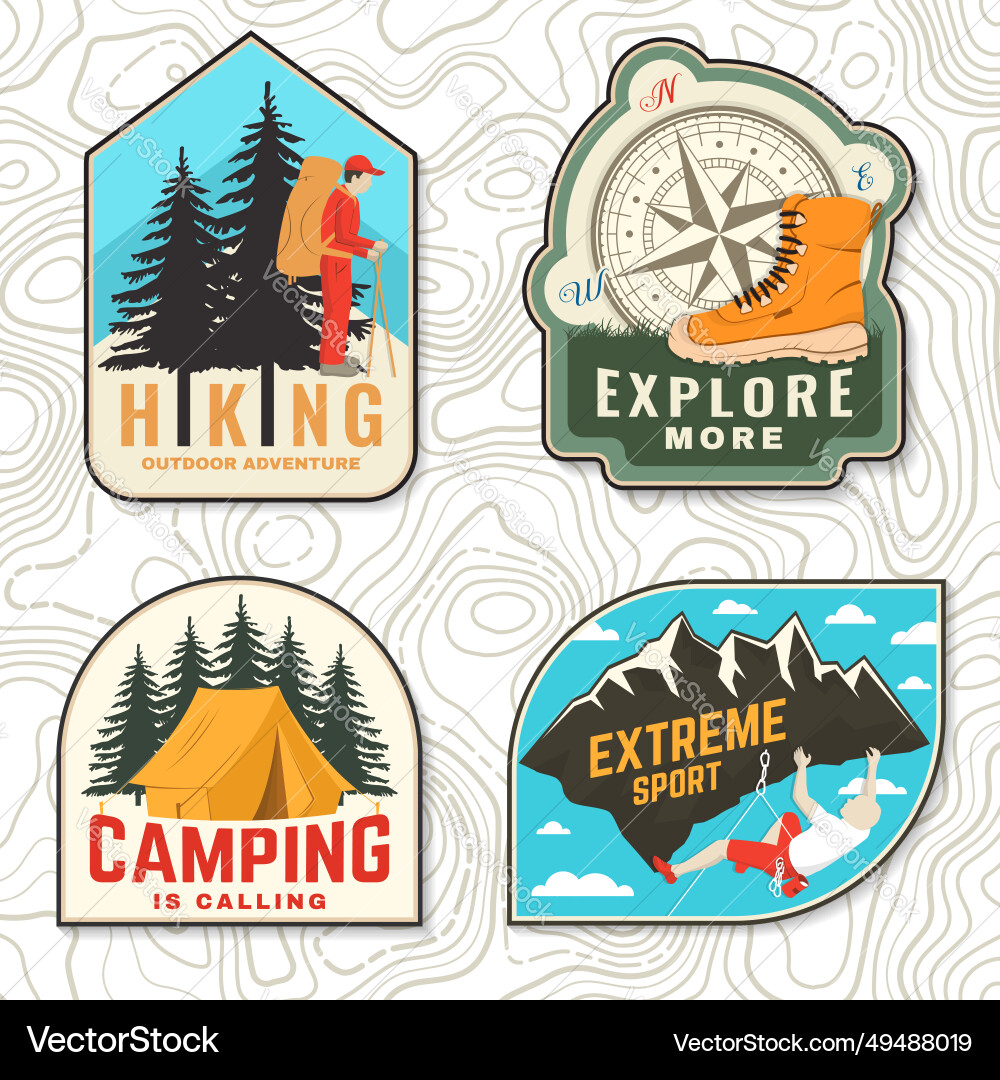 Set of camping patch sticker outdoor adventure Set of camping patch sticker outdoor adventure vector image