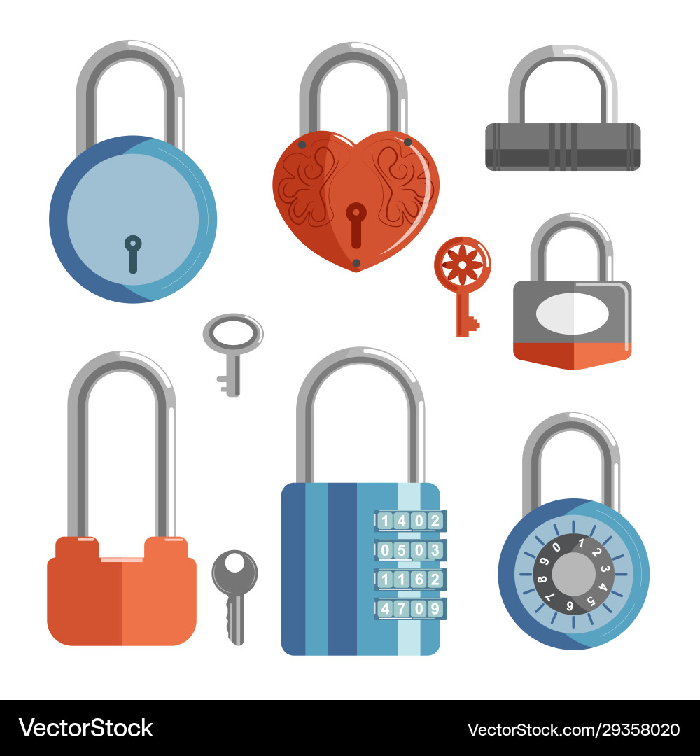 Locks with keys and closed padlocks in different Locks with keys and closed padlocks in different vector image