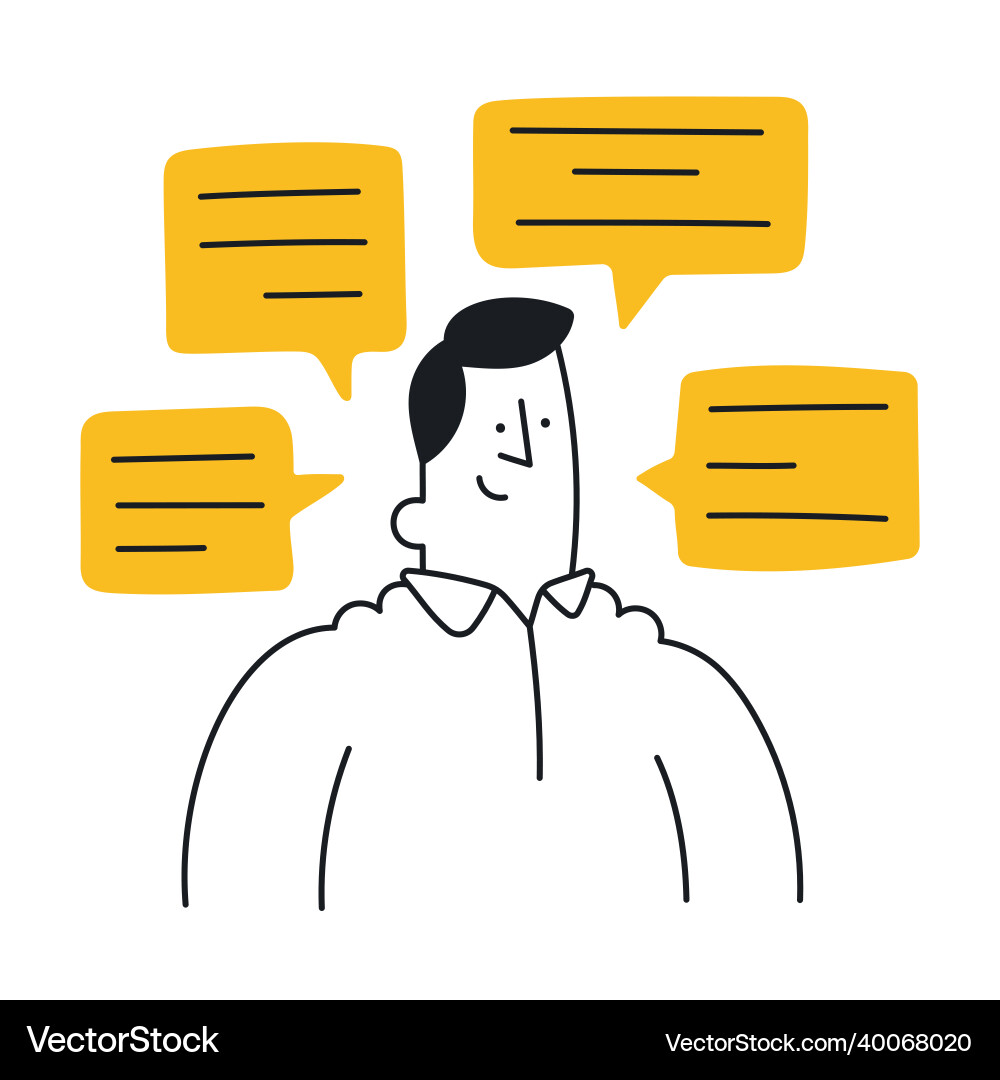 Man with chatting bubbles around him outline Man with chatting bubbles around him outline vector image