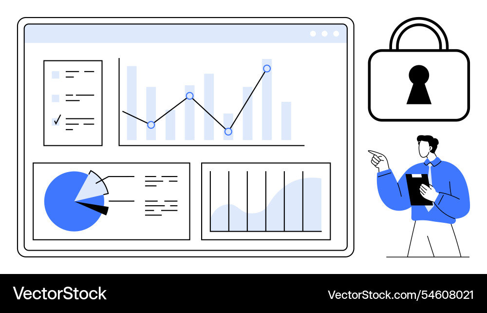 Data analyst reviewing graphs and charts on large Data analyst reviewing graphs and charts on large vector image