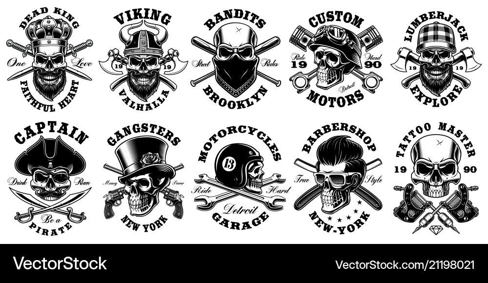 Set of vintage different skulls on white vector image