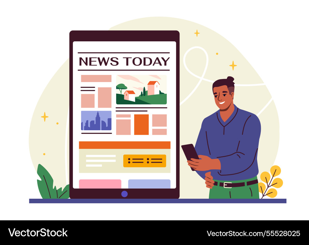 Man reading digital news on tablet and smartphone Man reading digital news on tablet and smartphone vector image