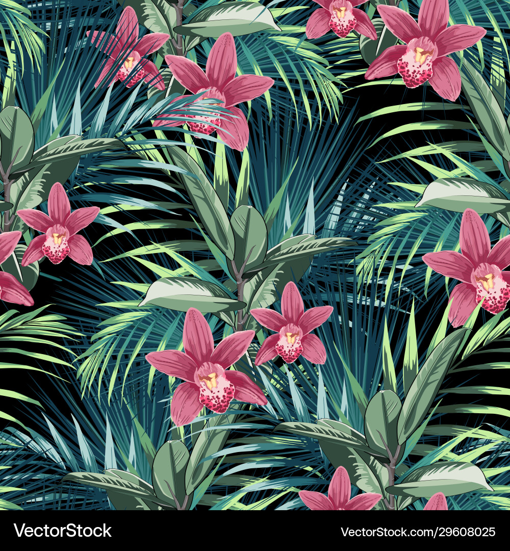Tropical Palm & Orchid Pattern Vector Image