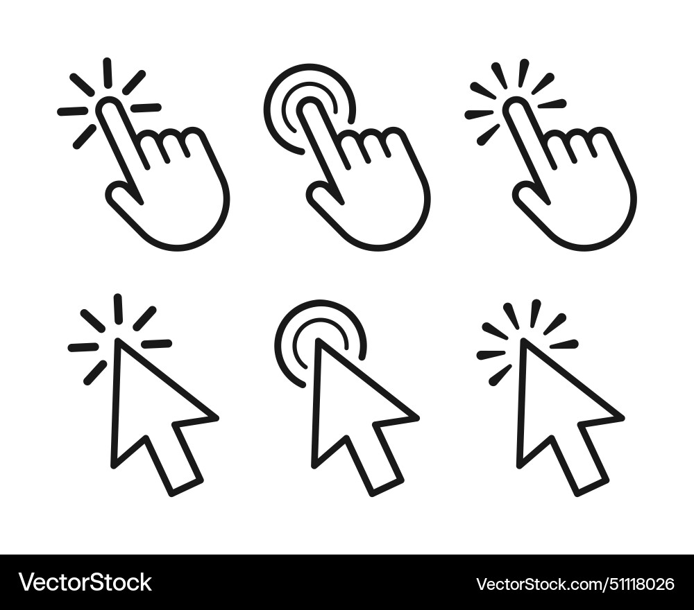 Arrows and hands clicking icon or cursor set vector image