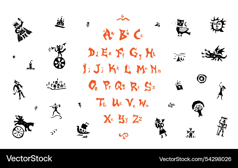 Fairy tale alphabet icon set characters signs Fairy tale alphabet icon set characters signs vector image