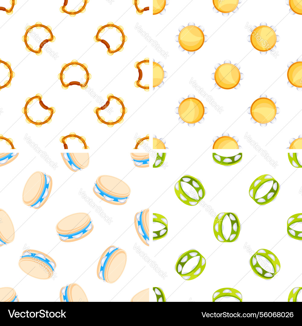 Four seamless patterns with colorful tambourines Four seamless patterns with colorful tambourines Vector Image