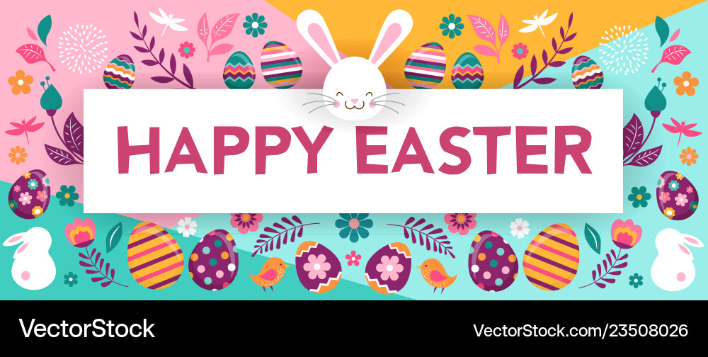 Happy Easter Banner with Flowers and Eggs Vector Image