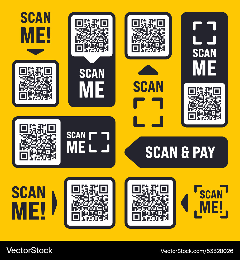 Scan me qr code sticker with text online payment Scan me qr code sticker with text online payment Vector Image