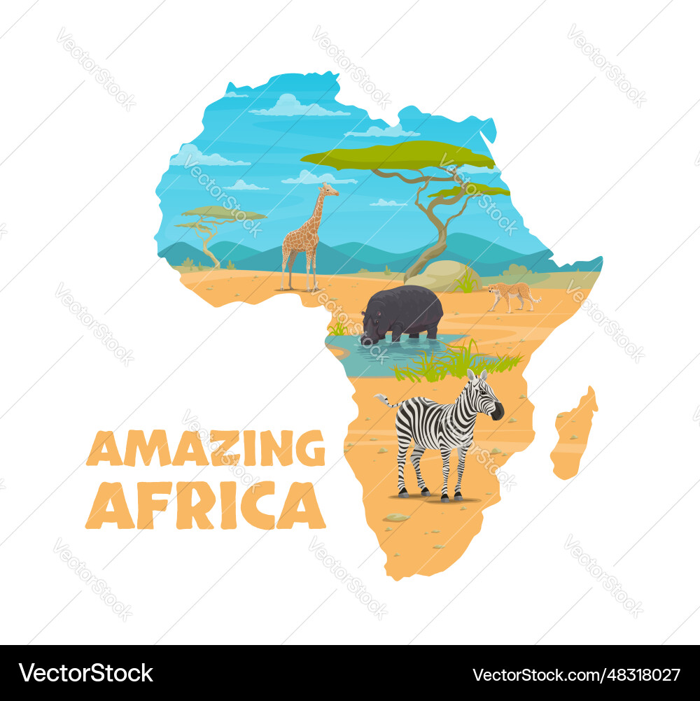 Cartoon african animals africa map travel poster Cartoon african animals africa map travel poster vector image