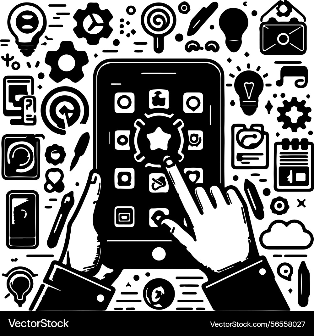 Hands using mobile phones with various app icons Vector Image