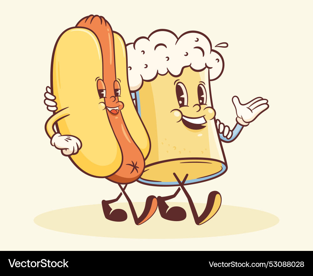 Retro Hotdog & Beer Mug Mascot Vector Image