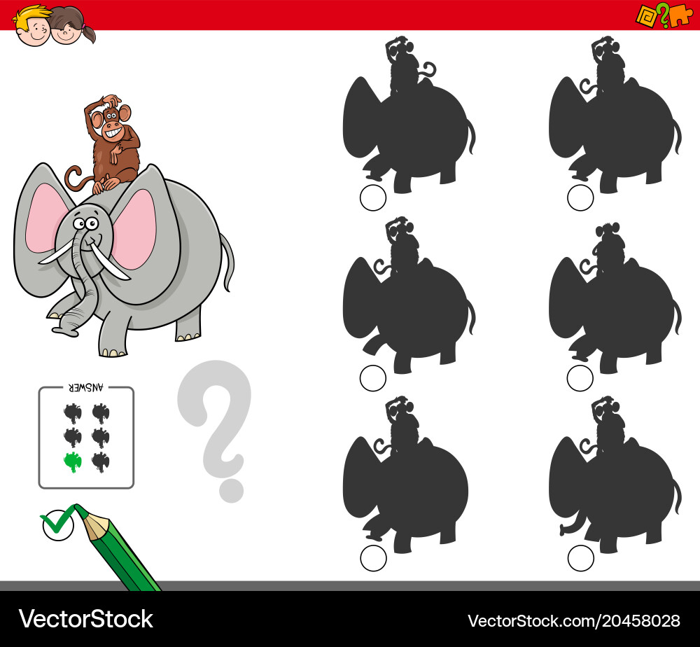 Shadow Matching Game - Elephant & Monkey Vector Image