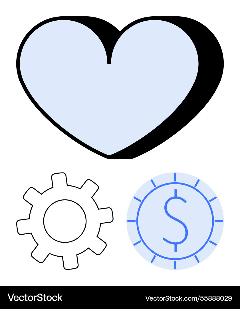 Heart shape with cogwheel and coin representing Heart shape with cogwheel and coin representing vector image
