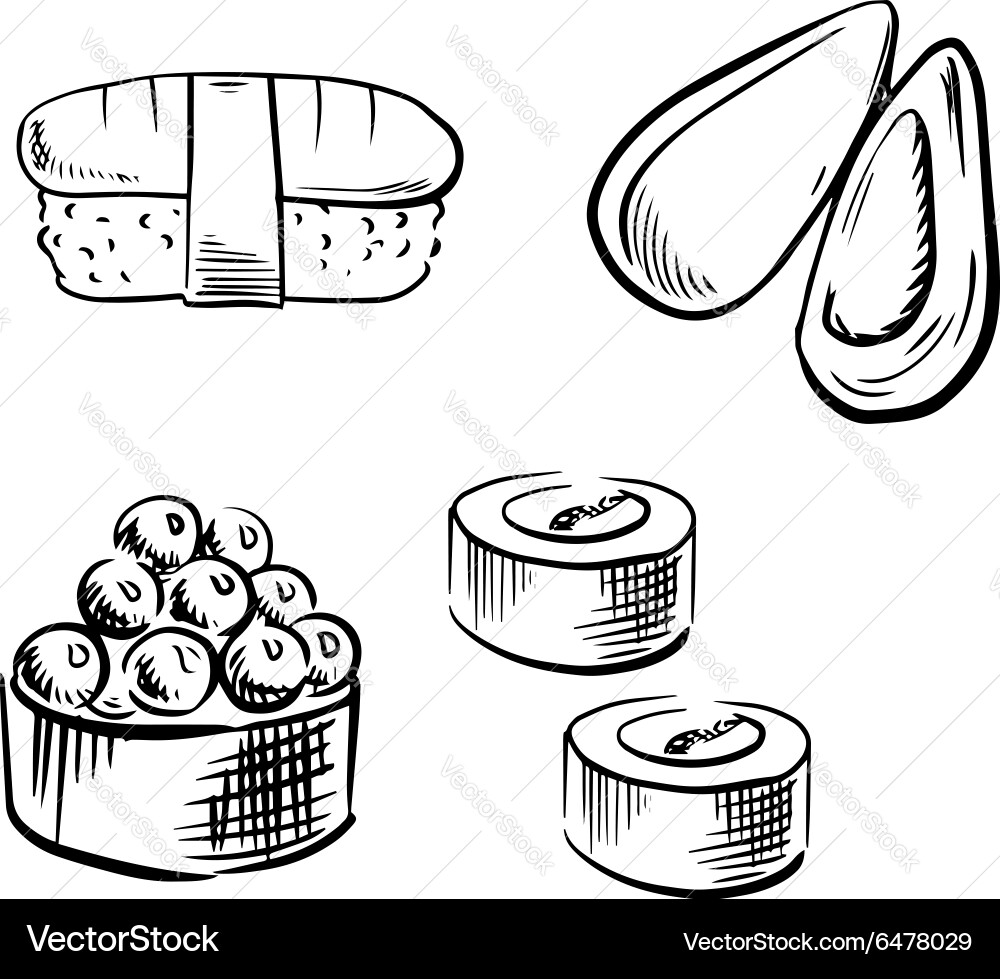 Sea mussel sushi rolls and nigiri Vector Image