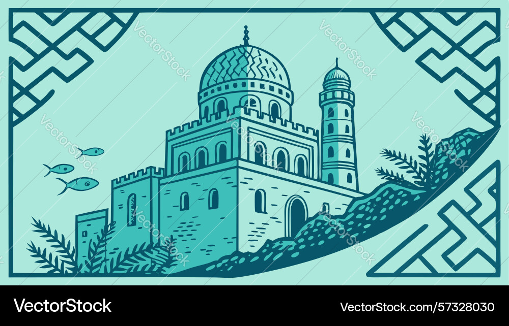 Abstract mosque with fish and intricate pattern vector image