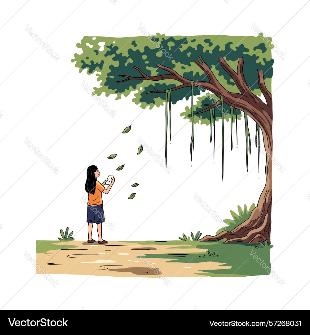 Girl with camera under banyan tree falling leaves – Royalty-Free Vector |  VectorStock, image size:1000x1080