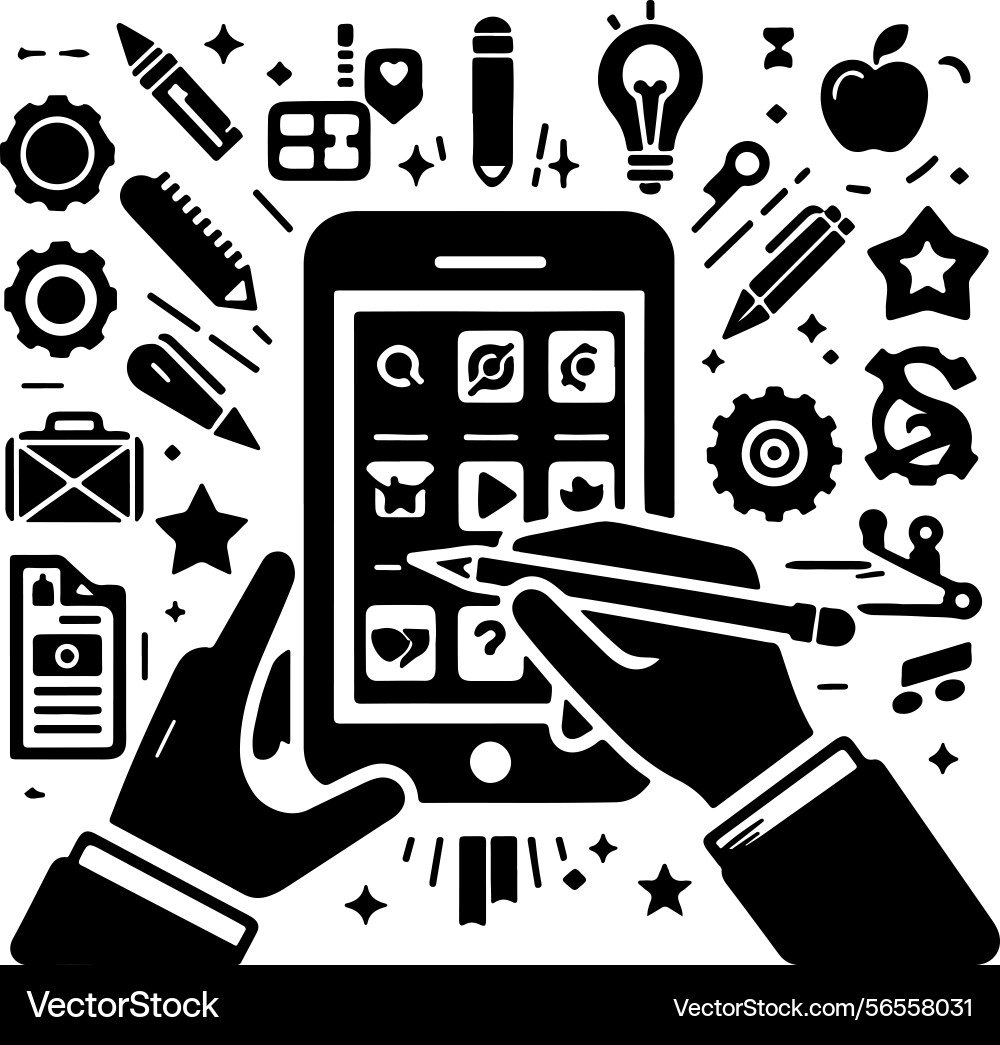 Hands using mobile phones with various app icons Hands using mobile phones with various app icons vector image