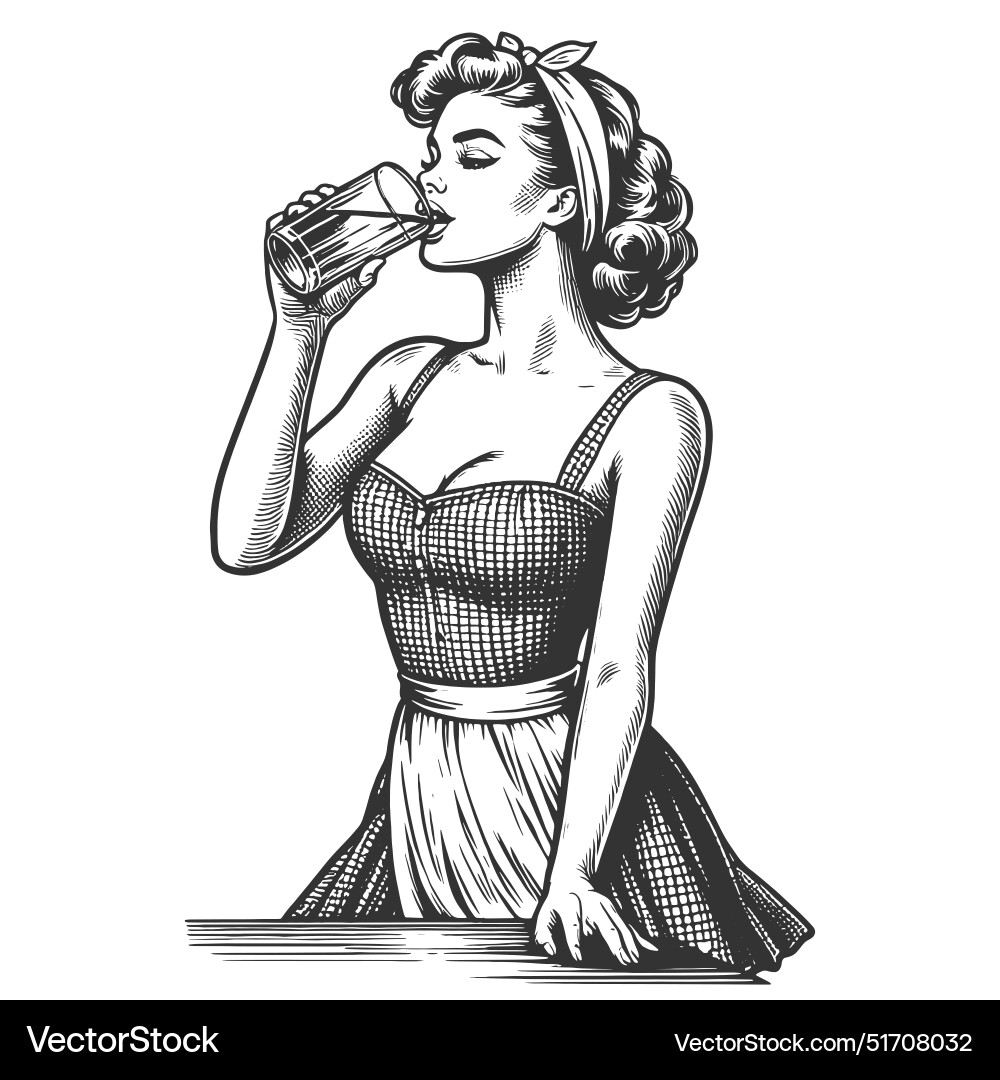 Woman drinking water from glass engraving – Royalty-Free Vector |  VectorStock, image size:1000x1080