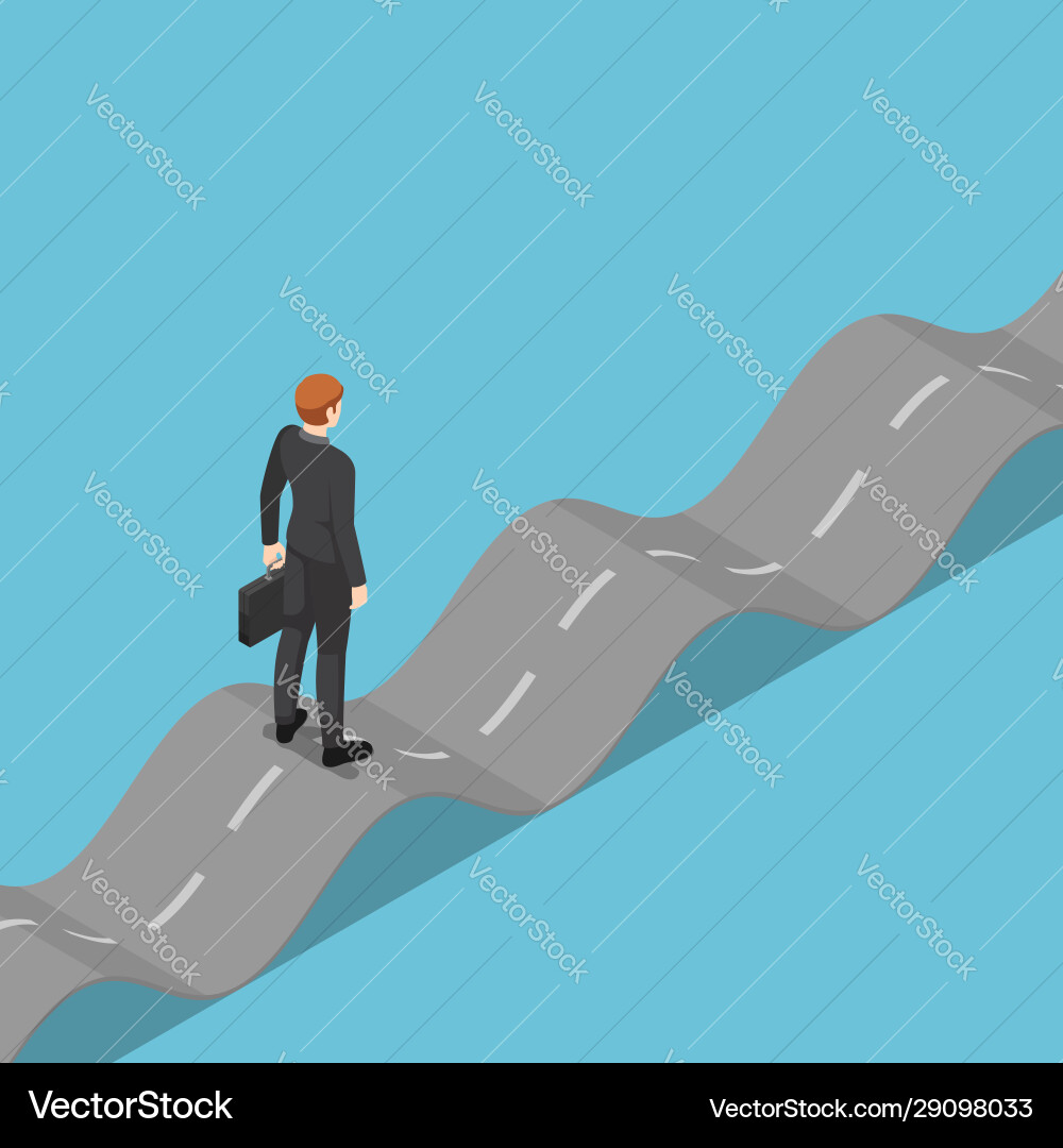 Isometric businessman standing on unstable road Isometric businessman standing on unstable road vector image