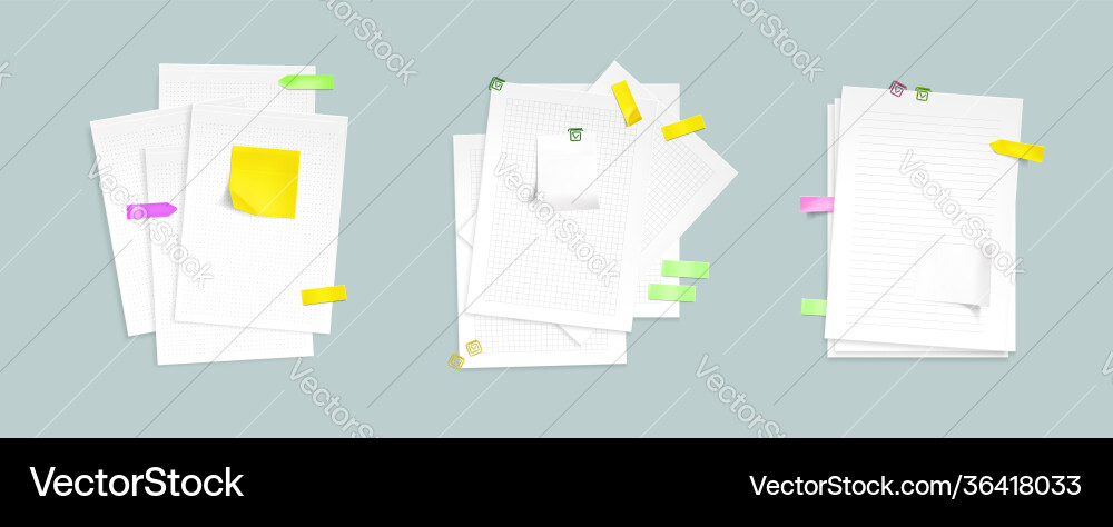 Paper sheet stacks with sticky notes and clips Paper sheet stacks with sticky notes and clips vector image