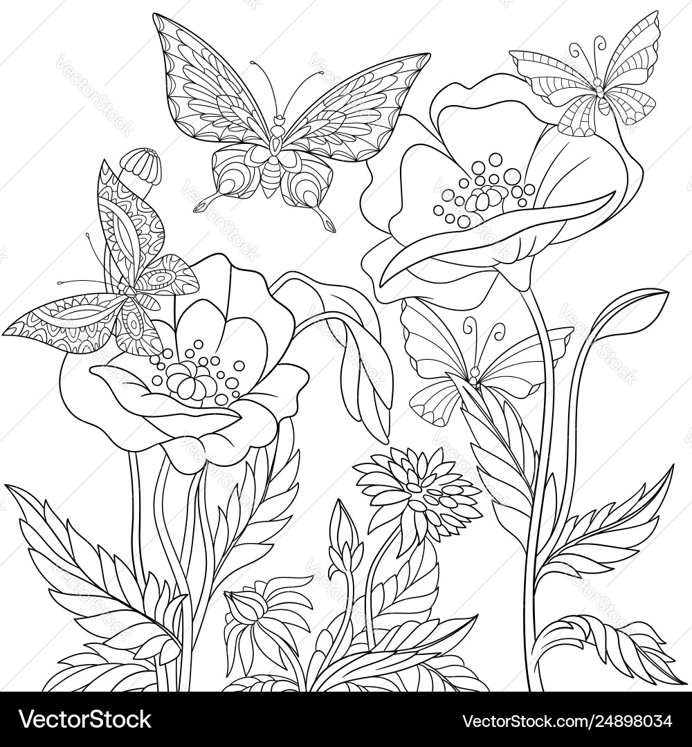 Butterflies and Flowers Coloring Book – Emily Cozy, image size:1000x1080