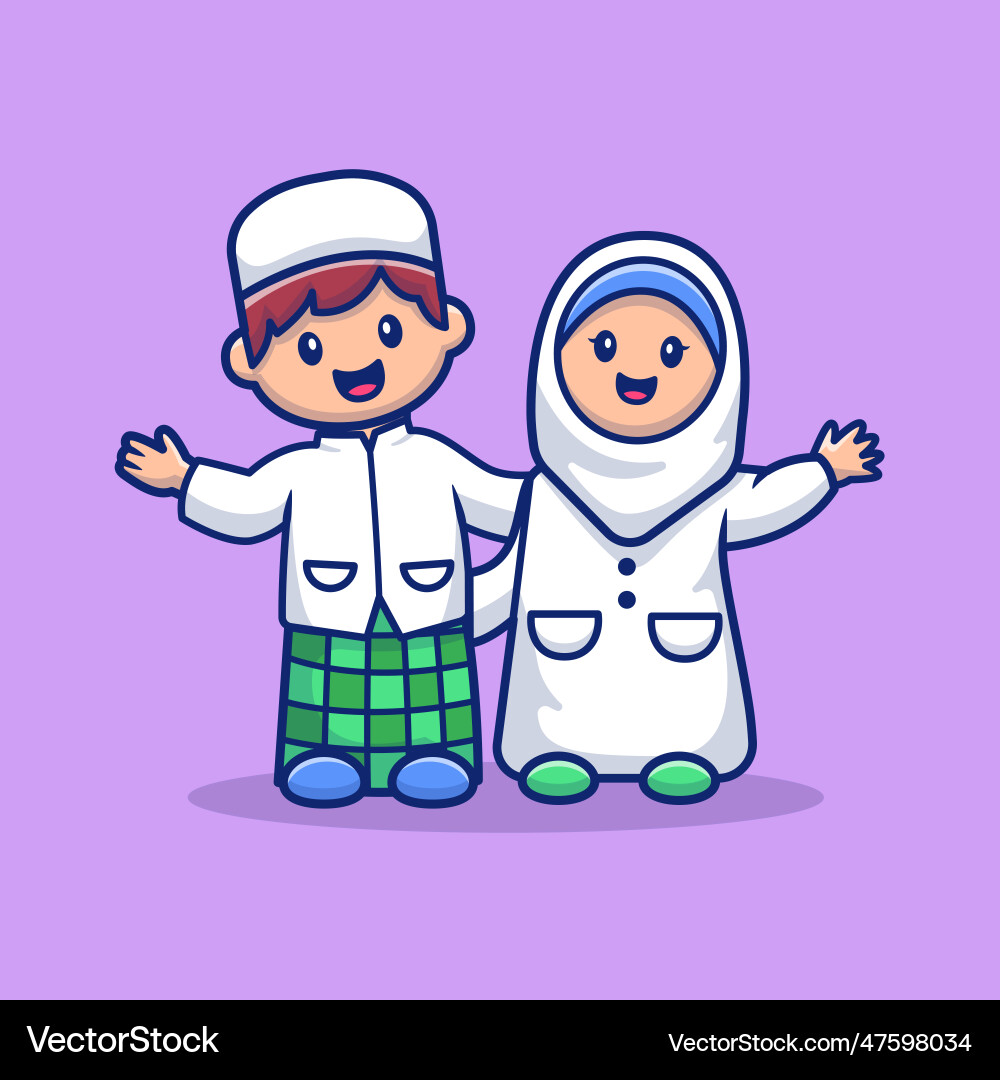 Süße Mädchen und Junge moslem feiert eid mubarak Süße Mädchen und Junge moslem feiert eid mubarak vektorbild