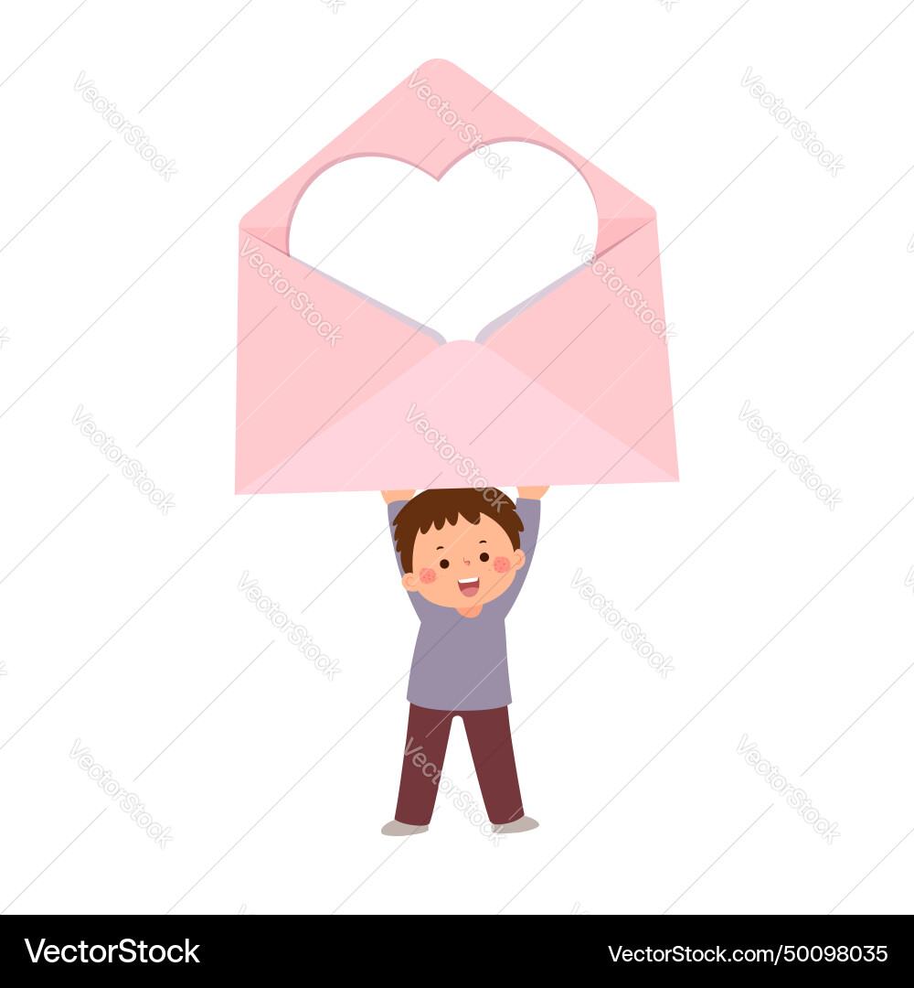 Boy holding open envelope letter with white heart Boy holding open envelope letter with white heart vector image