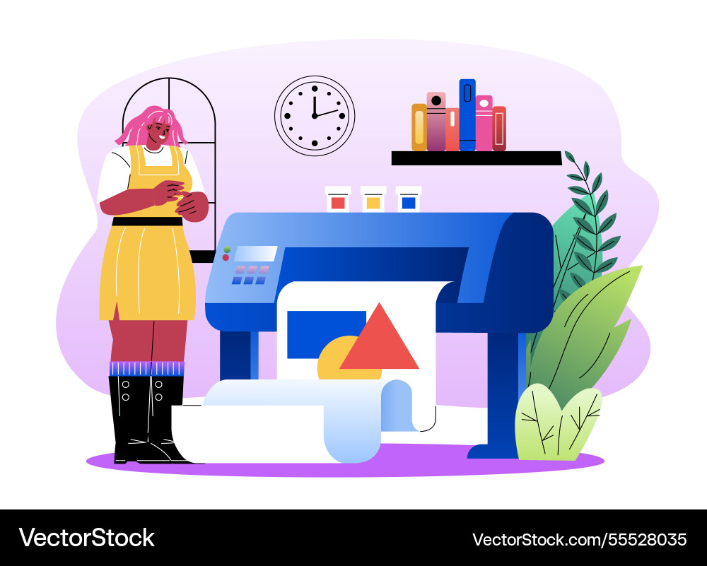 Woman operating large format printer in studio Woman operating large format printer in studio vector image
