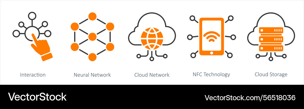A set of 5 technology icons as interaction neural vector image
