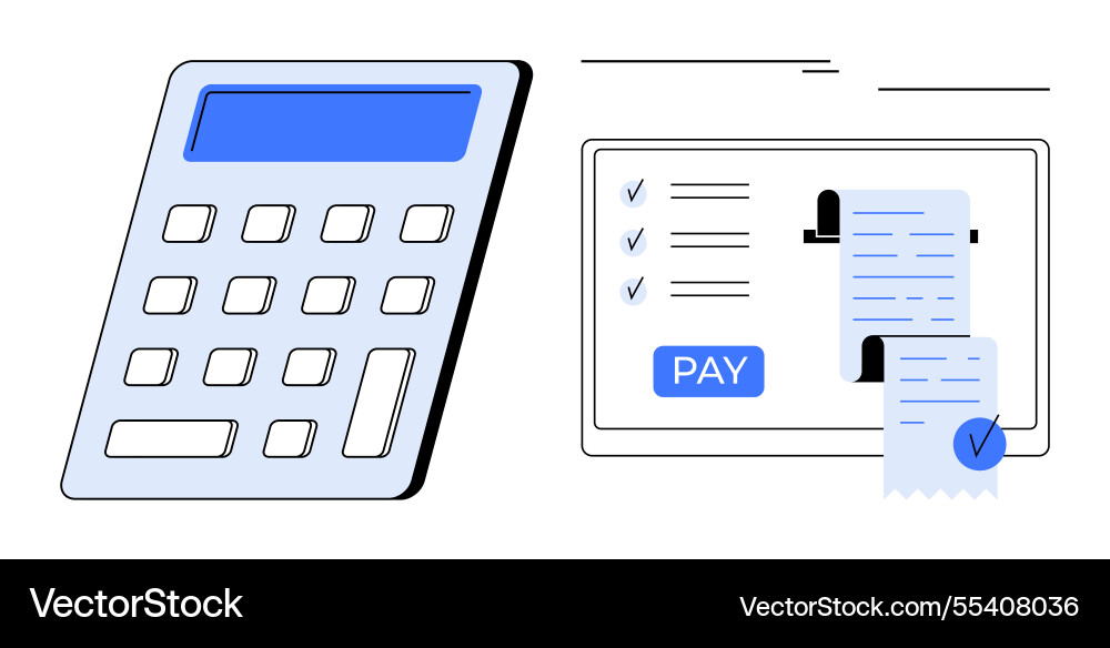 Digital transaction completion with calculator Digital transaction completion with calculator Vector Image