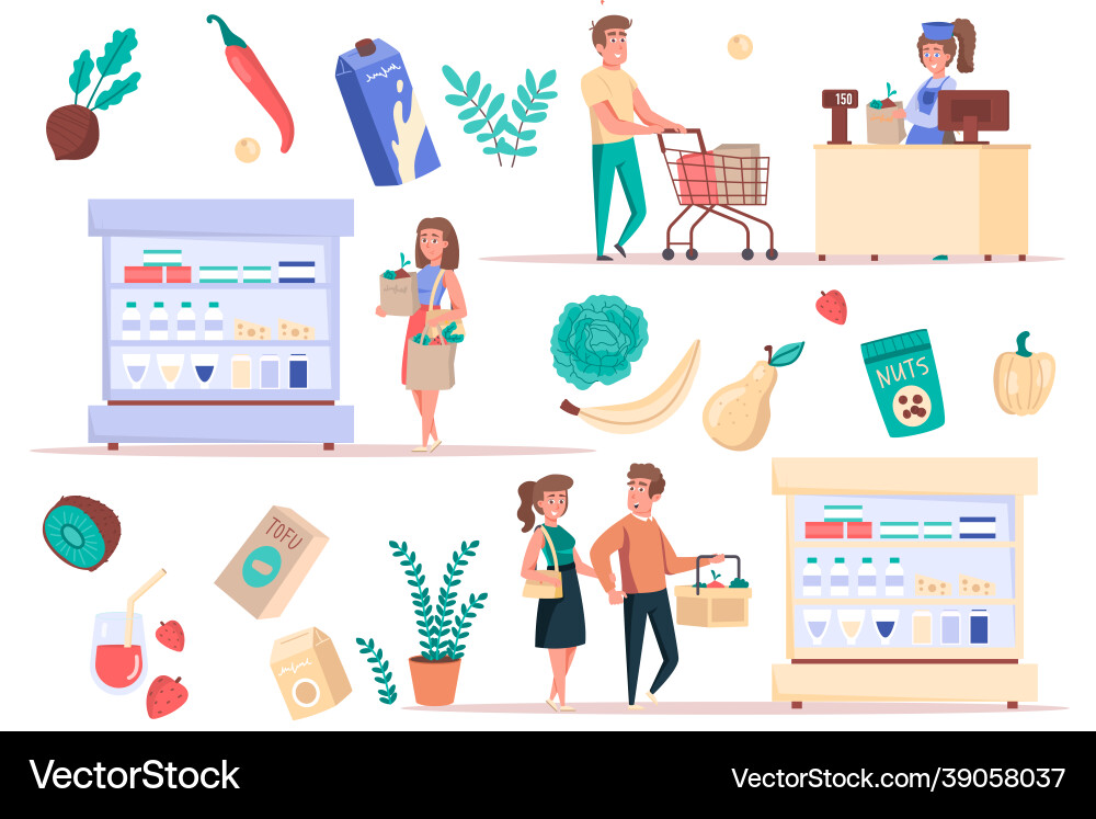 Grocery shopping at supermarket isolated elements vector image