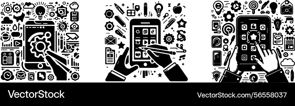 Hands using mobile phones with various app icons Hands using mobile phones with various app icons Vector Image