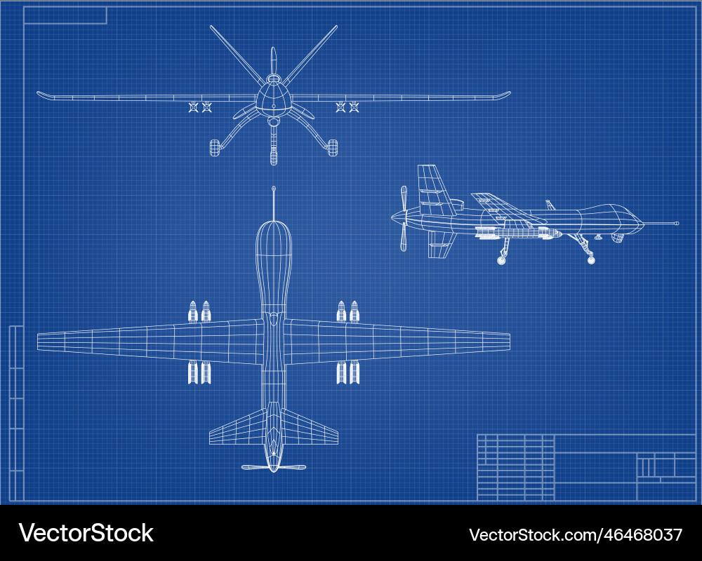 Military drone top side and front view blueprint vector image