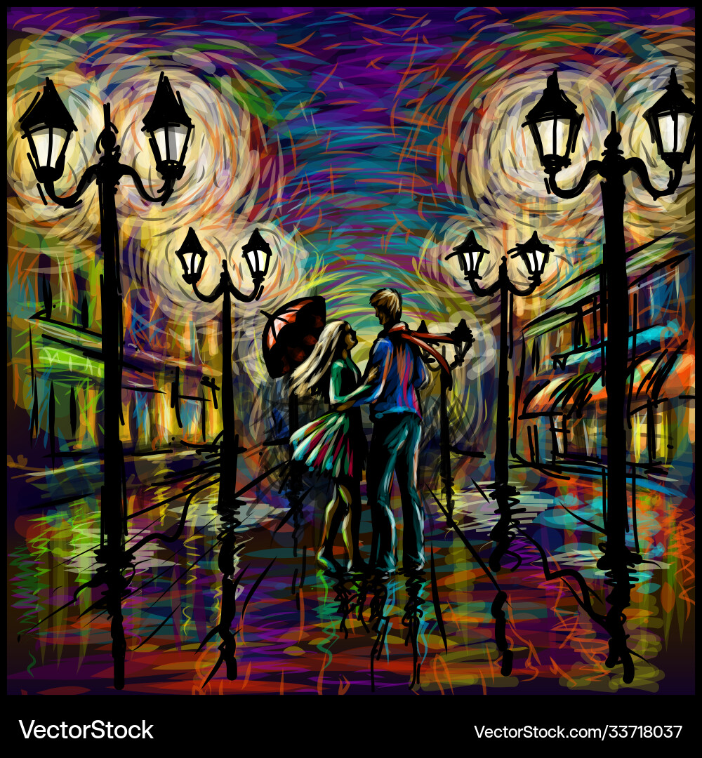 Two lovers with an umbrella in rain abstract vector image