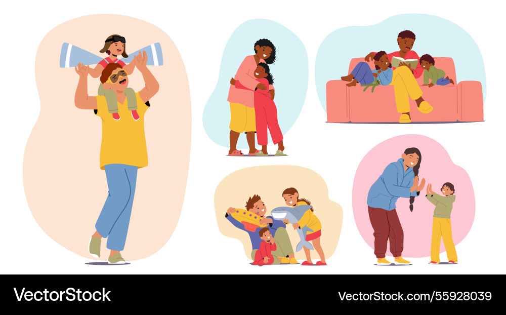 Happy family cartoon scene set with parents Happy family cartoon scene set with parents vector image