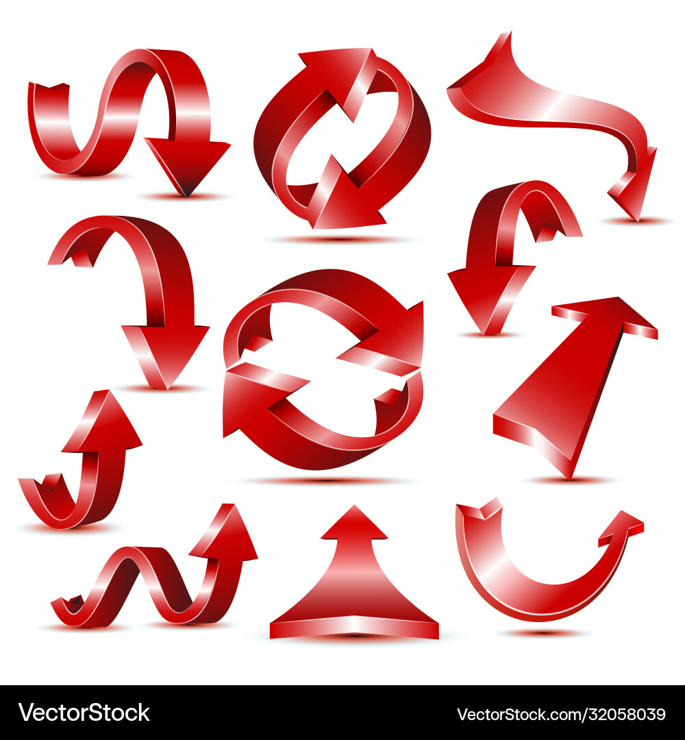 Set 3d glossy red arrow icons for web design Vector Image