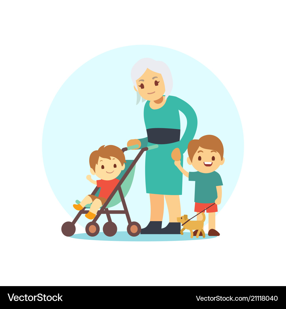 Grangma walking with grandsons and dog vector image