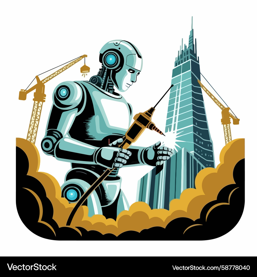 Robot Welder Constructing Futuristic Skyscraper Vector Image
