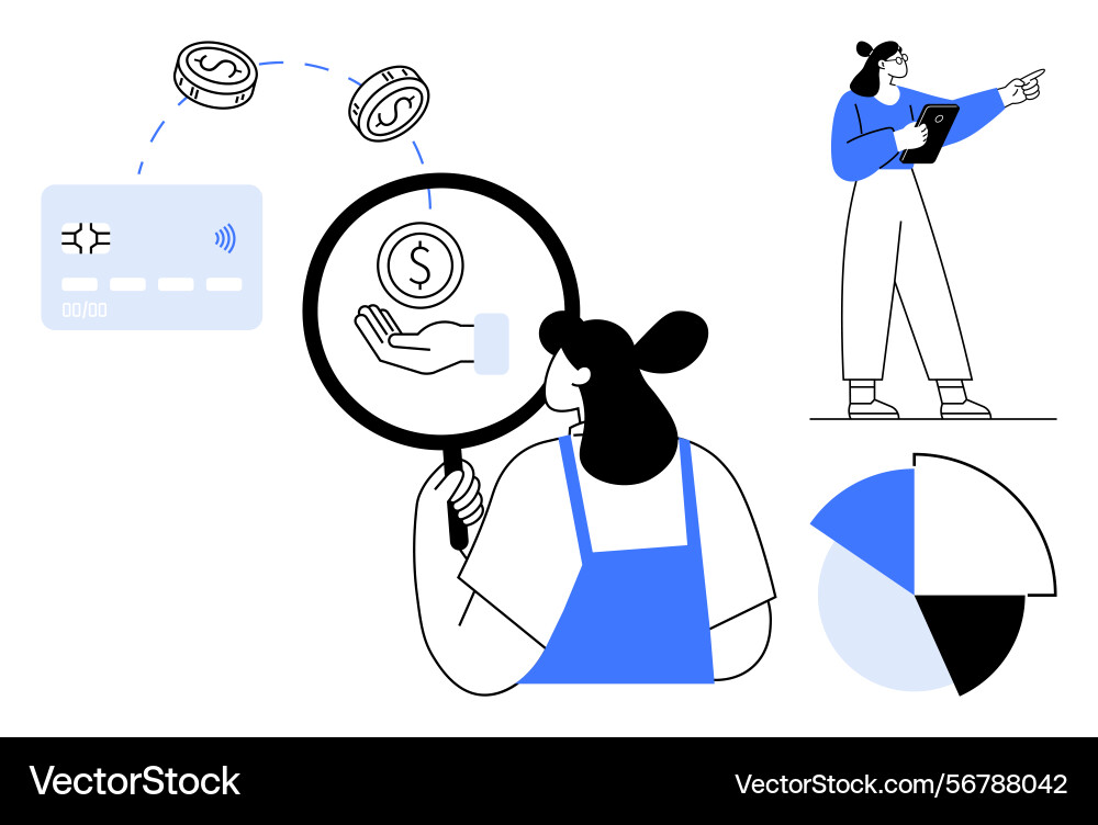 Analyzing financial transactions with magnifying Analyzing financial transactions with magnifying vector image