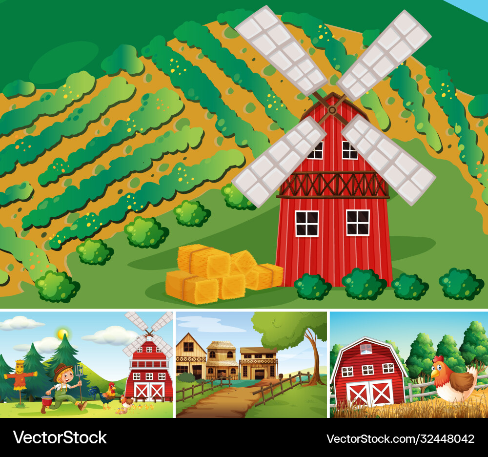 Set verschiedene Bauernhof Szenen Cartoon Stil Set verschiedene Bauernhof Szenen Cartoon Stil vektorbild