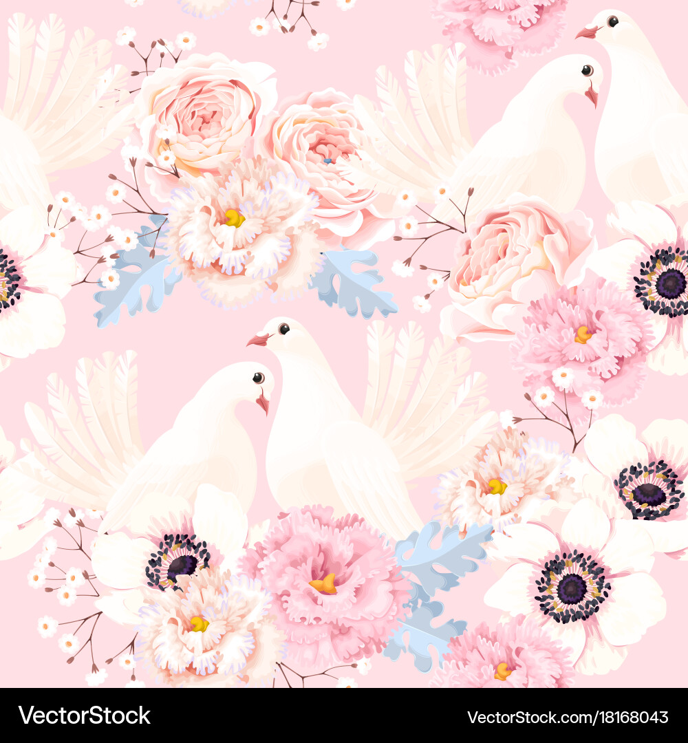 Seamless pattern with flowers and doves Royalty Free Vector